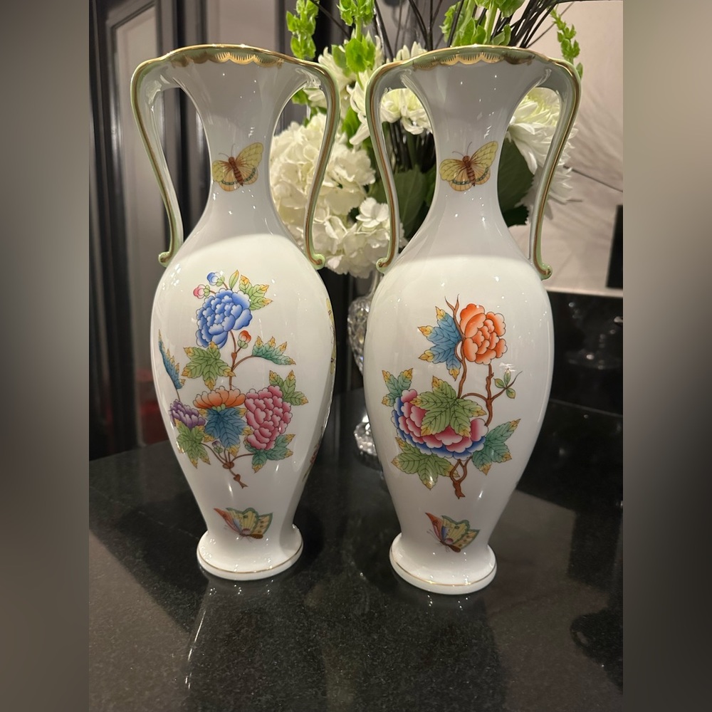 Herend Hungary hand painted pair vase flowers and butterflies